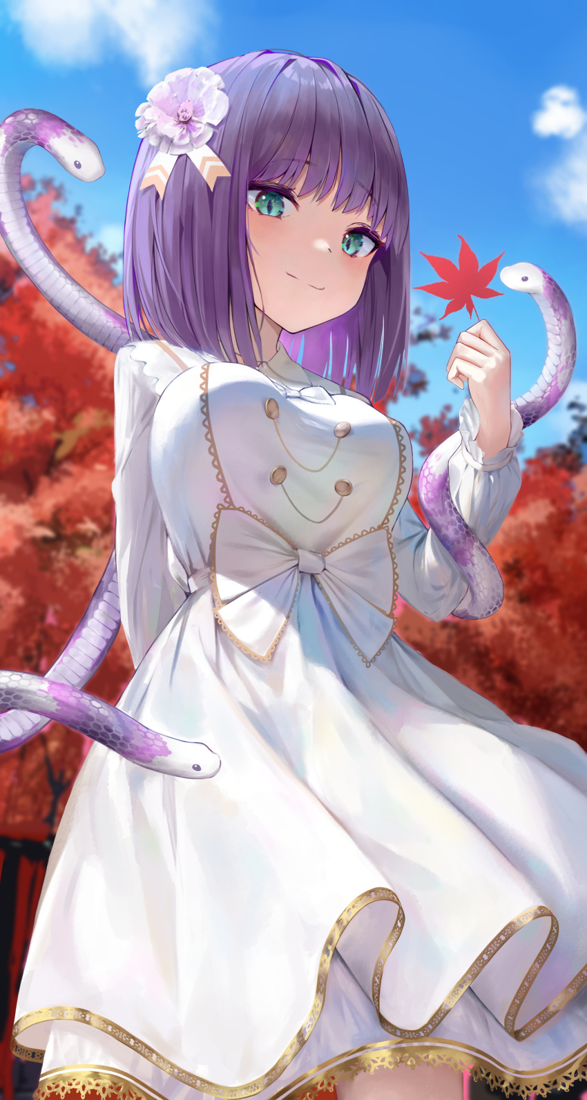 1girl absurdres arm_behind_back autumn autumn_leaves bangs breasts closed_mouth clouds commentary_request cowboy_shot day dress eyebrows_visible_through_hair flower green_eyes hair_flower hair_ornament highres holding holding_leaf leaf long_sleeves looking_at_viewer maple_leaf medium_breasts medium_hair original outdoors purple_hair smile snake solo standing white_dress yearu_(weid)
