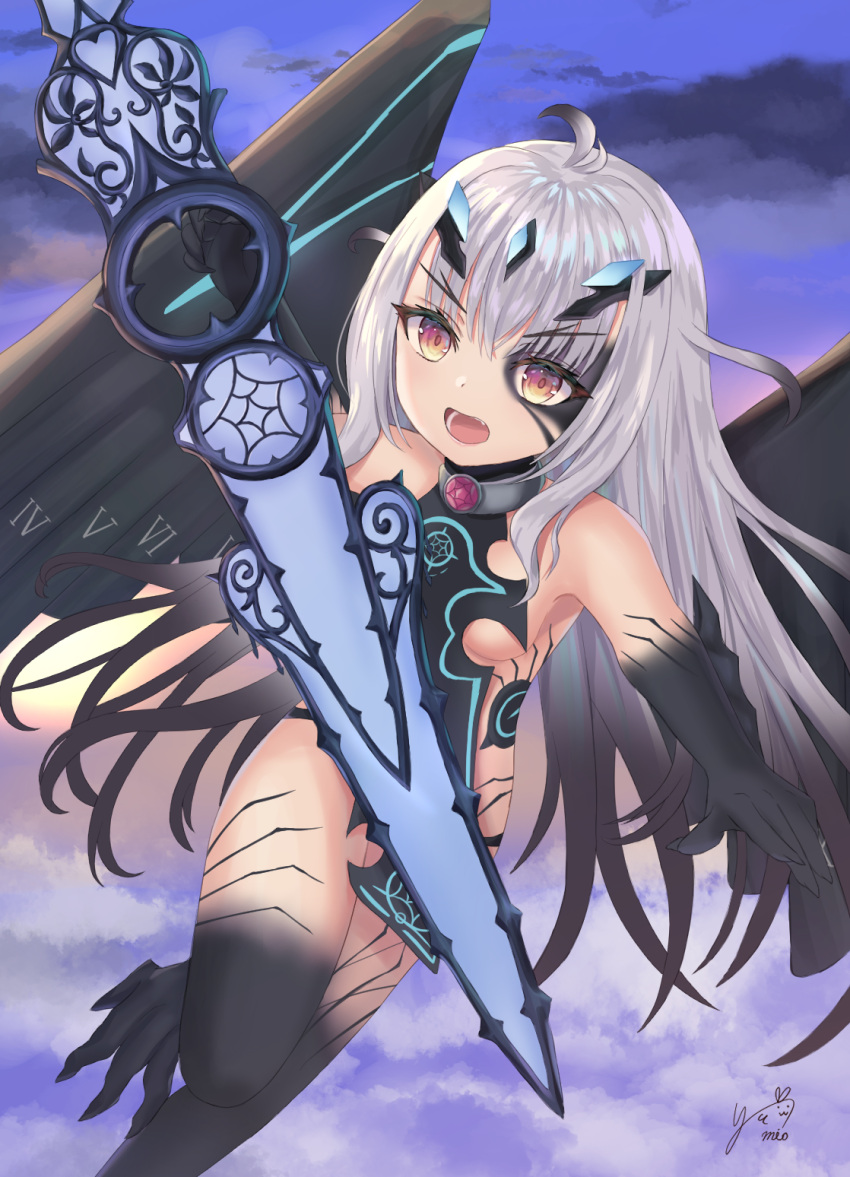 1girl bangs bare_shoulders blue_sky body_markings breasts brown_eyes collar dragon_wings fairy_knight_lancelot_(fate) fate/grand_order fate_(series) flying highres horns long_hair looking_at_viewer metal_collar open_mouth panties revealing_clothes sideboob sidelocks sky small_breasts solo tail thighs underwear weapon white_hair wings yumio_(yumio_suzu)