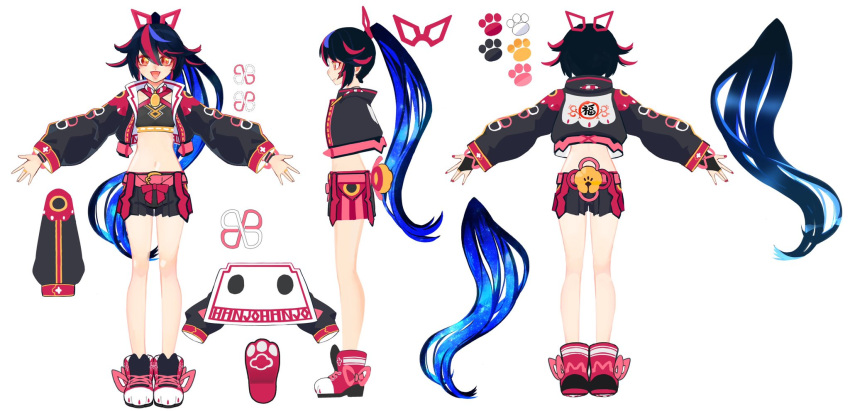 1girl artist_request bangs black_hair blue_hair character_sheet commentary_request criss-cross_halter cropped_jacket fingernails halterneck hanjo_tv highres jacket kimino_miya long_hair looking_at_viewer midriff multicolored_hair nail_polish navel official_art open_clothes open_jacket ponytail red_eyes red_nails redhead shoes skirt virtual_youtuber