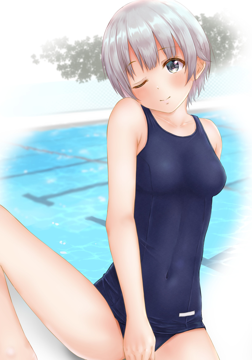 1girl absurdres blush bob_cut ca_paria closed_mouth eyebrows_visible_through_hair grey_hair highres idolmaster idolmaster_cinderella_girls legs looking_at_viewer one-piece_swimsuit one_eye_closed otokura_yuuki pool poolside school_swimsuit short_hair sitting smile solo swimsuit thighs unfinished unfinished_background