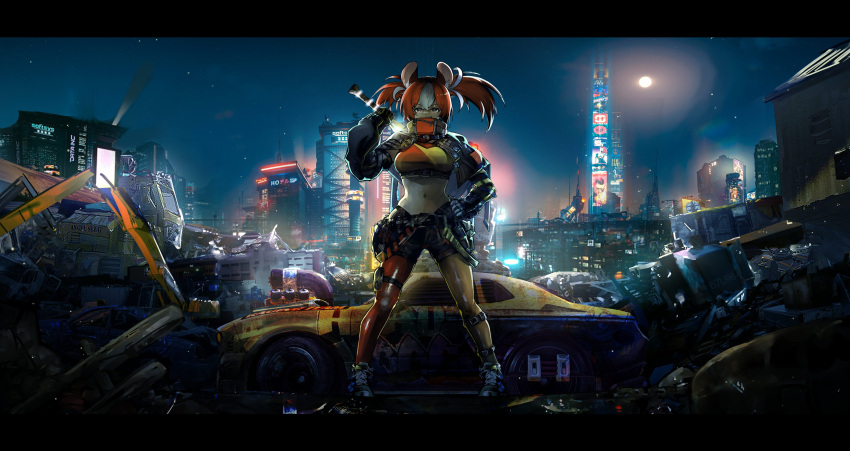 1girl absurdres alternate_costume car cyberpunk ground_vehicle hakos_baelz highres hololive hololive_english motor_vehicle mouse_girl multicolored_hair navel night night_sky redhead sky solo virtual_youtuber vyragami