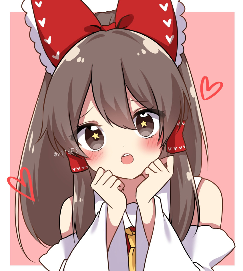+_+ 1girl artist_name bangs bare_shoulders blush border bow brown_eyes brown_hair collar collared_dress detached_sleeves dress eyebrows_visible_through_hair eyes_visible_through_hair hair_between_eyes hair_ornament hair_tubes hakurei_reimu hands_up heart heart_print highres long_sleeves looking_at_viewer medium_hair necktie open_mouth pink_background red_bow red_dress red_heart shiki_(s1k1xxx) simple_background solo star-shaped_pupils star_(symbol) symbol-shaped_pupils teeth touhou white_border wide_sleeves yellow_neckwear
