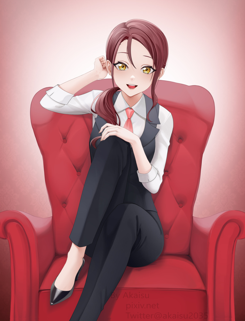 1girl :d absurdres akaisu bangs black_footwear black_pants black_vest collared_shirt formal hair_between_eyes hair_over_shoulder high_heels highres long_hair long_sleeves looking_at_viewer love_live! love_live!_sunshine!! open_mouth pant_suit pants pink_background pink_neckwear pumps redhead sakurauchi_riko shirt sitting smile solo suit twitter_username vest watermark white_shirt wing_collar yellow_eyes