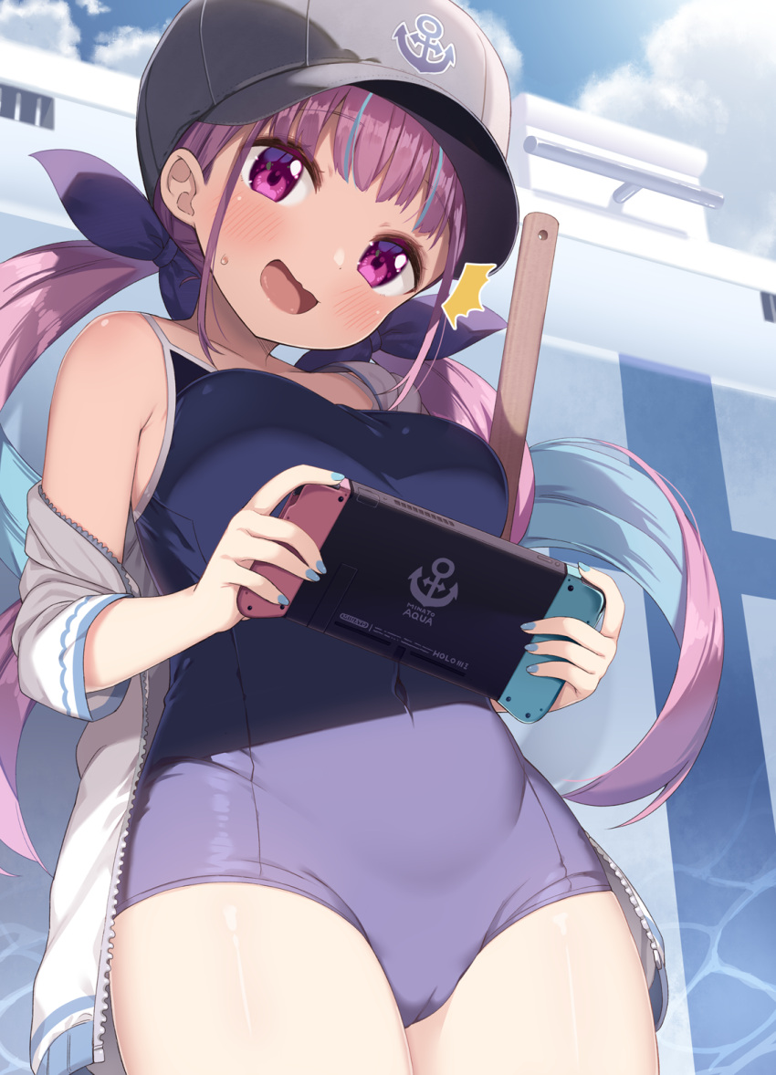 1girl :d ^^^ anchor_symbol bangs baseball_cap blue_hair blue_ribbon blush breasts commentary_request empty_pool eyebrows_visible_through_hair grey_headwear hair_ribbon hat highres holding hololive jacket long_hair looking_at_viewer looking_down low_twintails medium_breasts minato_aqua muku_(muku-coffee) multicolored_hair nintendo_switch off_shoulder open_clothes open_jacket open_mouth pink_hair pool ribbon school_swimsuit sidelocks smile solo swimsuit twintails two-tone_hair very_long_hair violet_eyes virtual_youtuber white_jacket