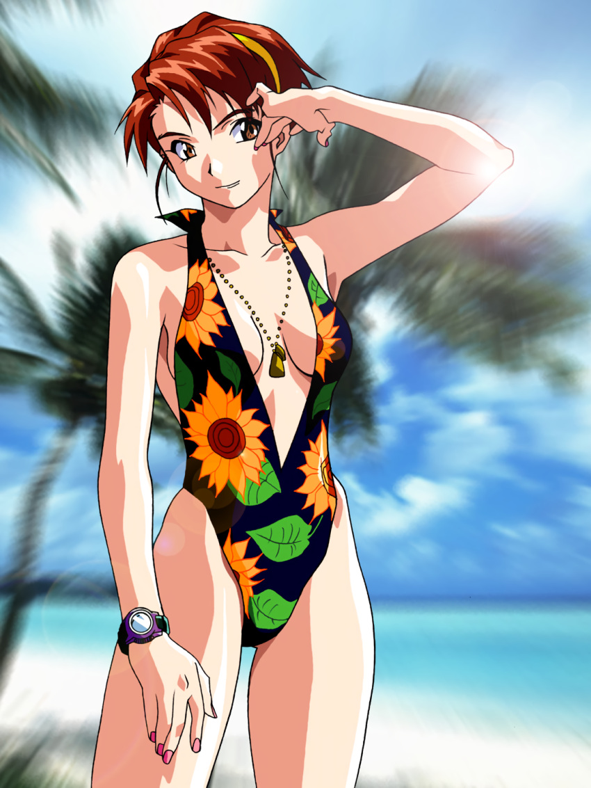 1990s_(style) 1girl arm_up beach casual_one-piece_swimsuit center_opening cowboy_shot day feet_out_of_frame floral_print hairband halterneck highres jewelry lens_flare light_smile looking_at_viewer nail_polish necklace official_art one-piece_swimsuit outdoors photo_background photoshop_(medium) pink_nails red_eyes redhead retro_artstyle short_hair solo swimsuit takiguchi_shouko watch watch yamada_masaki zenkoku_seifuku_bishoujo_grand_prix