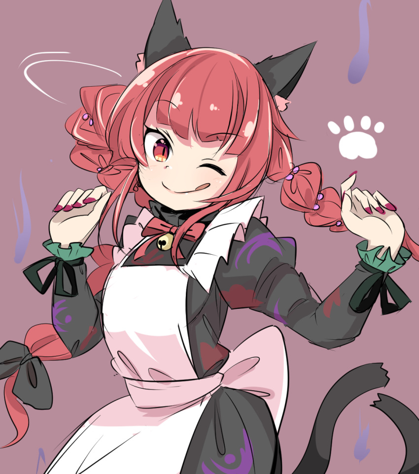 1girl :q animal_ear_fluff animal_ears apron bangs bell black_bow blunt_bangs bow braid breasts cat_ears cat_tail closed_mouth commentary_request contrapposto cowboy_shot eyebrows_visible_through_hair frills hair_between_eyes hair_bow hair_ribbon hands_up harakune_(mugennero) highres jingle_bell juliet_sleeves kaenbyou_rin light_blush long_hair long_sleeves looking_at_viewer multiple_tails nail_polish nekomata one_eye_closed puffy_sleeves purple_background red_bow red_eyes red_nails red_neckwear redhead ribbon simple_background small_breasts solo tail tongue tongue_out touhou tress_ribbon twin_braids twintails two_tails very_long_hair white_apron