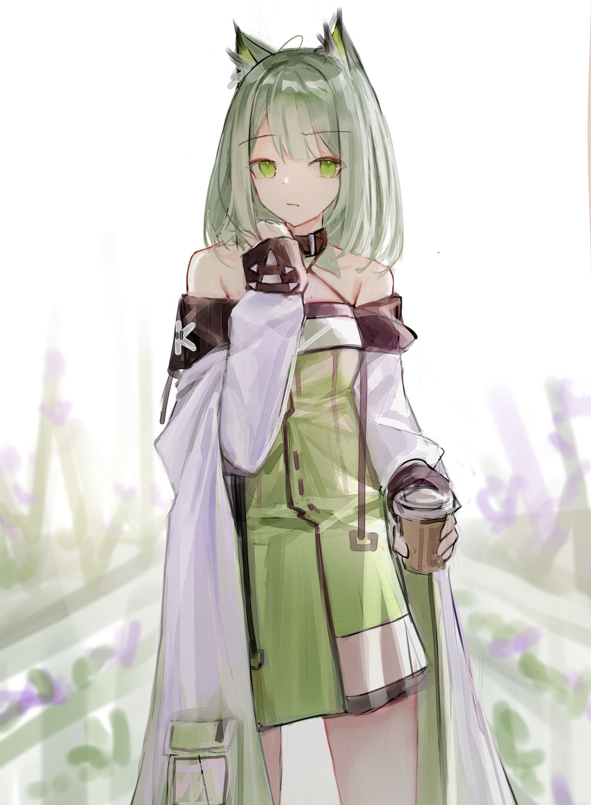 0_(znanimo) 1girl absurdres animal_ears arknights black_collar cat_ears coat coffee_cup collar cowboy_shot cup disposable_cup dress eyebrows_visible_through_hair green_dress green_eyes green_hair highres holding holding_cup kal'tsit_(arknights) looking_at_viewer off-shoulder_dress off_shoulder open_clothes open_coat short_hair solo white_coat
