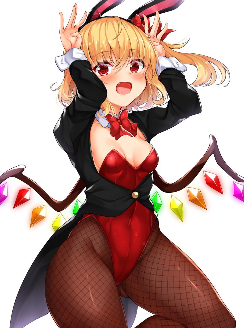 1girl :d \||/ alternate_costume animal_ears ass_visible_through_thighs bangs black_jacket blonde_hair blush bow bowtie breasts bunny_pose commentary_request covered_navel crystal detached_collar eyebrows_visible_through_hair fake_animal_ears fang feet_out_of_frame fishnet_legwear fishnets flandre_scarlet hair_between_eyes hair_bow hand_up highres jacket leotard long_sleeves looking_at_viewer no_hat no_headwear one_side_up open_mouth rabbit_ears red_bow red_eyes red_leotard red_neckwear short_hair simple_background small_breasts smile solo standing standing_on_one_leg strapless strapless_leotard suit_jacket tokoya_(ex-hetare) touhou white_background wings