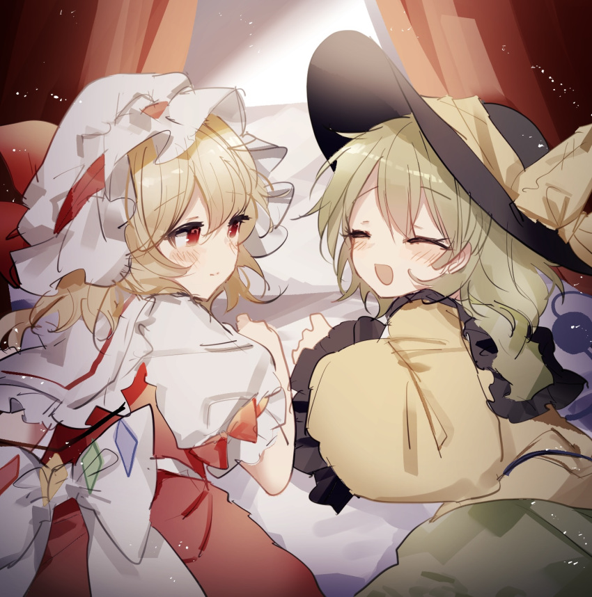 2girls :d back_bow bangs blonde_hair blush bow closed_eyes closed_mouth commentary crystal curtains eyebrows_visible_through_hair flandre_scarlet frilled_shirt_collar frills green_skirt hair_between_eyes happy hat hat_bow highres indoors komeiji_koishi light_green_hair light_particles light_smile long_sleeves looking_at_another lying medium_hair mob_cap multiple_girls on_bed on_stomach open_mouth puffy_short_sleeves puffy_sleeves red_eyes red_skirt red_vest shirt short_sleeves skirt smile sorani_(kaeru0768) symbol-only_commentary touhou vest white_bow white_headwear wide_sleeves wings yellow_bow yellow_shirt