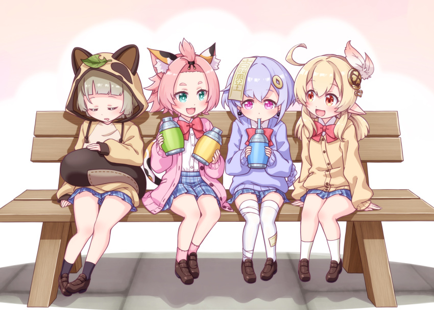 4girls :d ahoge alternate_costume animal_ears animal_hood bandaged_leg bandages bangs bangs_pinned_back bench black_legwear blonde_hair blue_skirt bottle bow bowtie braid braided_ponytail brown_cardigan brown_footwear brown_hoodie cardigan cat_ears cat_girl cat_tail closed_eyes clover_print coin_hair_ornament collared_shirt commentary_request contemporary diona_(genshin_impact) dress_shirt drinking drinking_straw drinking_straw_in_mouth drooling dual_wielding earrings eyebrows_visible_through_hair fake_animal_ears fake_tail feathers forehead genshin_impact green_eyes grey_hair hair_between_eyes hair_ornament hair_ribbon harada_(sansei_rain) highres holding holding_bottle hood hood_up hooded_sweater hoodie jacket jewelry jiangshi klee_(genshin_impact) knees_together_feet_apart leaf leaf_on_head light_brown_hair loafers long_hair long_sleeves looking_at_another low_ponytail low_twintails multiple_girls ofuda on_bench open_cardigan open_clothes open_mouth orange_eyes park_bench pink_cardigan pink_eyes pink_hair pink_legwear plaid plaid_skirt pleated_skirt pointy_ears puffy_long_sleeves puffy_sleeves purple_hair purple_sweater qiqi_(genshin_impact) raccoon_ears raccoon_hood raccoon_tail red_bow ribbon sayu_(genshin_impact) school_uniform shirt shoes short_eyebrows short_hair sidelocks silver_hair single_braid sitting skirt sleeping sleeves_past_wrists smile socks sweater sweater_jacket tail thick_eyebrows thigh-highs twintails violet_eyes white_feathers white_legwear white_shirt zettai_ryouiki