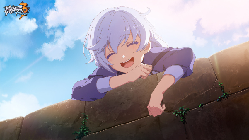 1girl :d artist_request bangs blue_sky brick_wall closed_eyes clouds cloudy_sky hair_between_eyes highres honkai_(series) honkai_impact_3rd kallen_kaslana official_art open_mouth outdoors purple_shirt shirt sky sleeves_past_wrists smile solo teeth wall white_hair younger