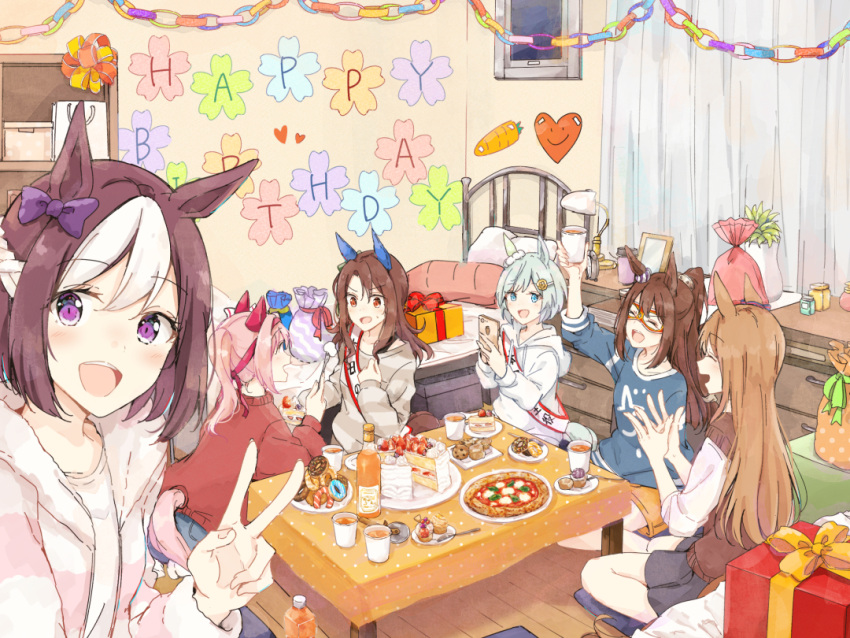 6+girls alternate_costume animal_ears arm_up bed birthday_cake birthday_party blue_eyes bottle bow box braid brown_hair cake casual closed_eyes cookie cup curtains cushion desk_lamp disposable_cup domino_mask doughnut ear_covers el_condor_pasa_(umamusume) english_text eyebrows_visible_through_hair food fork gift grass_wonder_(umamusume) hair_ornament hairclip happy_birthday haru_urara_(umamusume) holding holding_cup holding_fork holding_phone hood hoodie horse_ears horse_girl horse_tail indoors king_halo_(umamusume) knife lamp light_brown_hair light_green_hair long_hair long_sleeves mask muffin multicolored_hair multiple_girls ninjin_nouka open_mouth paper_chain phone picture_frame pillow pink_hair pizza plant plate ponytail potted_plant red_eyes sash seiun_sky_(umamusume) shelf shirt short_hair shorts single_ear_cover sitting skirt special_week_(umamusume) sweater sweater_vest table tail taking_picture two-tone_hair umamusume v violet_eyes white_hair wooden_floor