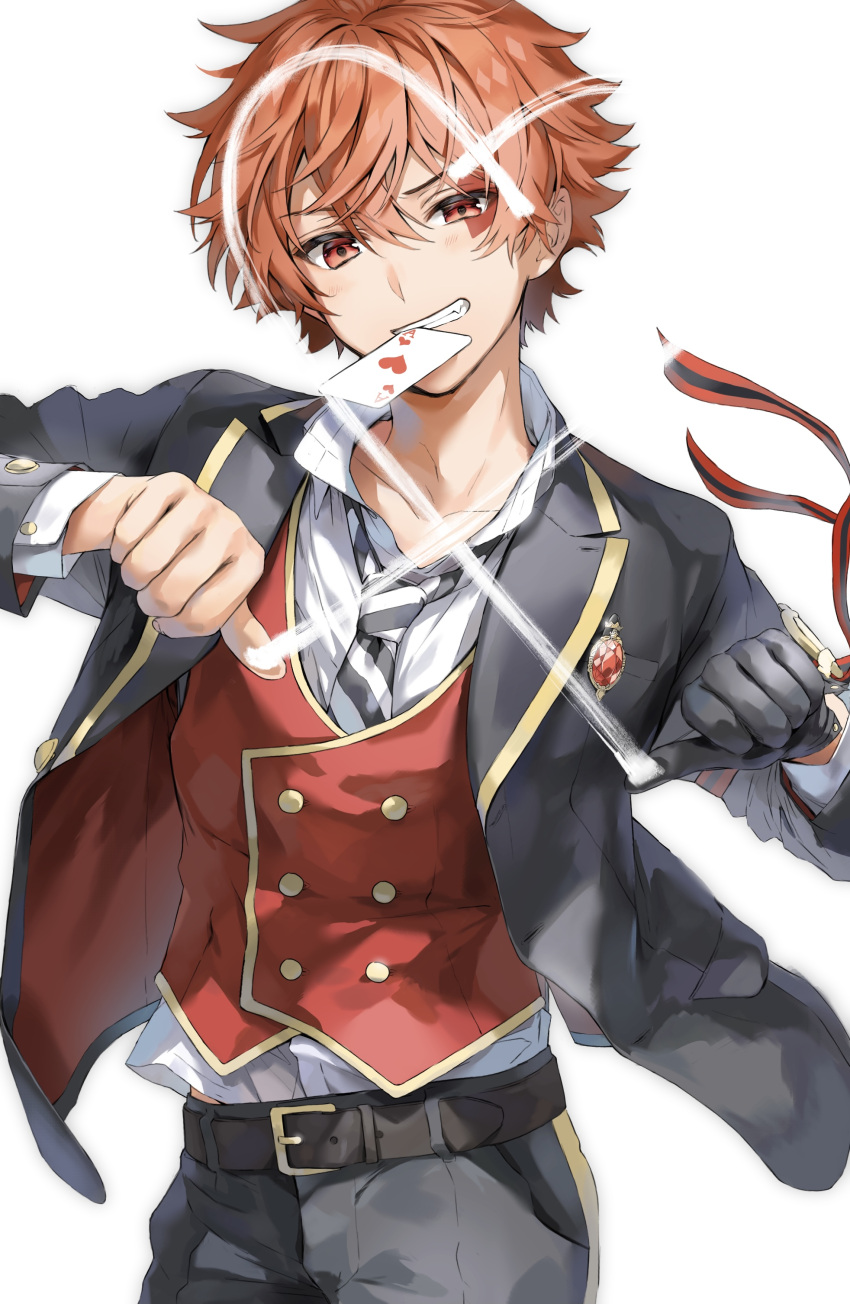 1boy absurdres ace_trappola bangs belt black_gloves black_jacket black_pants card card_in_mouth facial_mark gem gloves highres jacket male_focus mouth_hold necktie night_raven_college_uniform ooluoul open_clothes open_jacket orange_hair pants red_eyes red_vest ruby_(gemstone) school_uniform shirt short_hair single_glove solo teeth twisted_wonderland vest white_background white_shirt