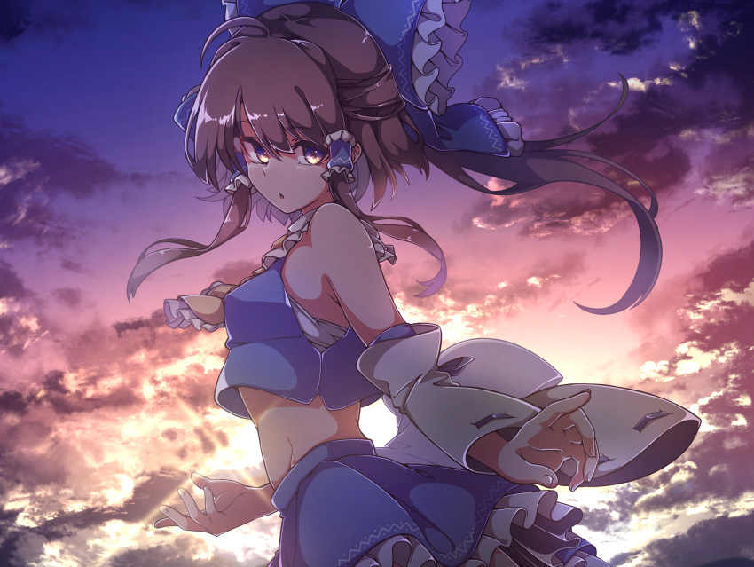 1girl alternate_color ascot bandages bangs bare_shoulders blue_bow blue_shirt blue_skirt blue_sky bow breasts brown_hair clouds cloudy_sky collar collared_shirt detached_sleeves eyebrows_visible_through_hair gokuu_(acoloredpencil) gradient gradient_sky hair_between_eyes hair_ornament hair_tubes hakurei_reimu highres long_sleeves looking_at_viewer medium_breasts multicolored multicolored_eyes multicolored_sky open_mouth orange_sky pink_sky player_2 ponytail purple_sky shadow shirt short_hair skirt sky solo sun sunlight sunset touhou violet_eyes white_sleeves wide_sleeves yellow_eyes yellow_neckwear yellow_sky