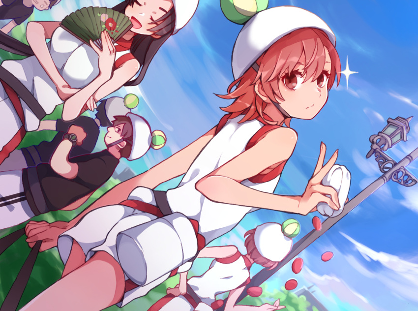 2girls bare_shoulders black_hair breasts brown_eyes brown_hair canister closed_eyes closed_mouth clouds festival foliage gym_uniform hand_fan head_tilt helmet highres holding holding_fan kongou_mitsuko lamppost large_breasts long_hair looking_at_viewer looking_back misaka_mikoto multiple_girls nanaheibei_3 paper_balloon paper_fan park people shorts sky small_breasts sparkle standing tank_top telekinesis toaru_kagaku_no_railgun toaru_majutsu_no_index v white_shorts white_tank_top