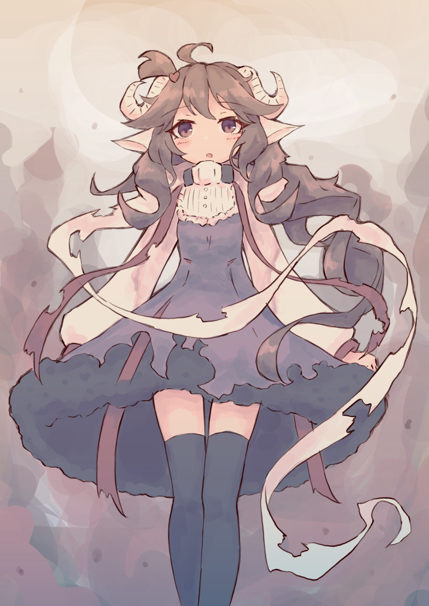 1girl absurdres ahoge animal_ears arknights bangs black_dress black_legwear blush brown_eyes brown_hair commentary dress eyebrows_visible_through_hair eyjafjalla_(arknights) feet_out_of_frame hair_ornament heart heart_hair_ornament highres horns ichi long_hair long_sleeves looking_at_viewer one_side_up parted_lips puffy_long_sleeves puffy_sleeves sheep_ears sheep_girl sheep_horns solo thigh-highs torn_clothes torn_dress very_long_hair