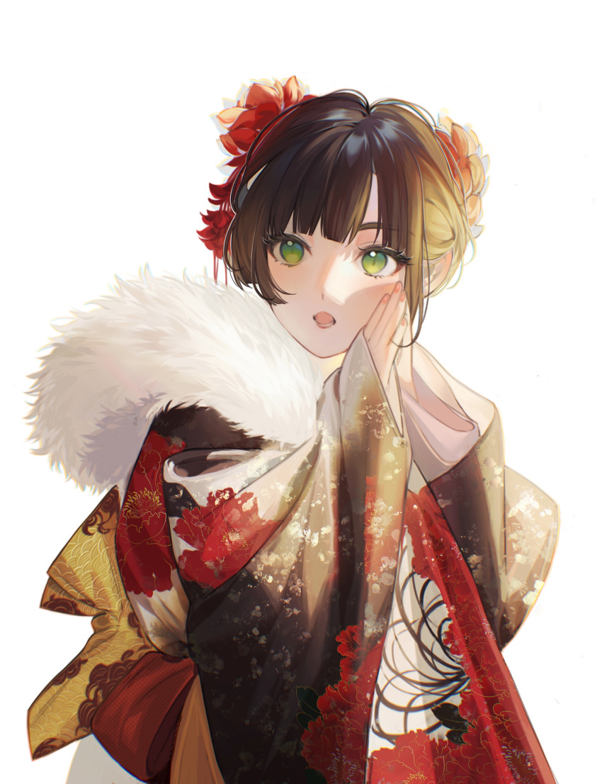 1girl absurdres bangs brown_hair check_copyright chinese_commentary commentary_request copyright_request floral_print flower fur-trimmed_kimono fur_trim green_eyes hair_flower hair_ornament hands_up highres japanese_clothes kimono long_sleeves looking_at_viewer nay_akane open_mouth original own_hands_together print_kimono red_flower short_hair simple_background solo upper_body white_background