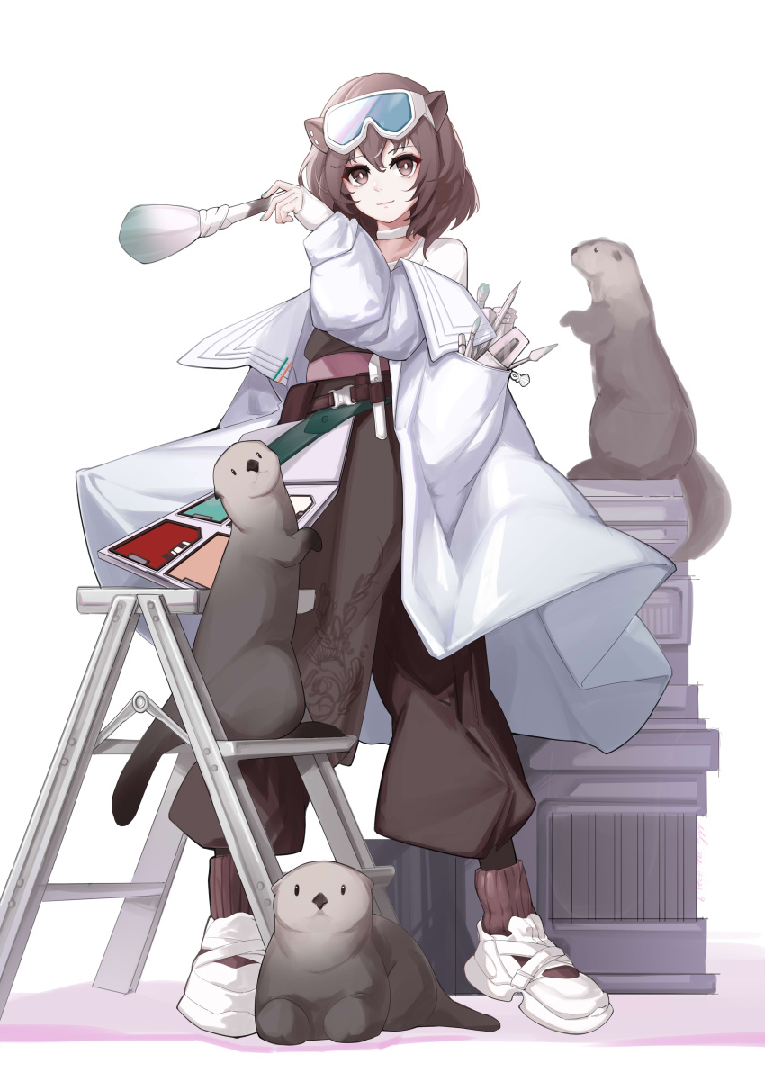 1girl absurdres animal_ears arknights black_overalls brown_eyes brown_hair choker coat full_body goggles goggles_on_head hair_between_eyes highres long_sleeves looking_at_viewer makeup_brush otter otter_ears otter_girl roberta_(arknights) shoes short_hair simple_background smile solo sue_yanagi-san white_background white_choker white_coat white_footwear