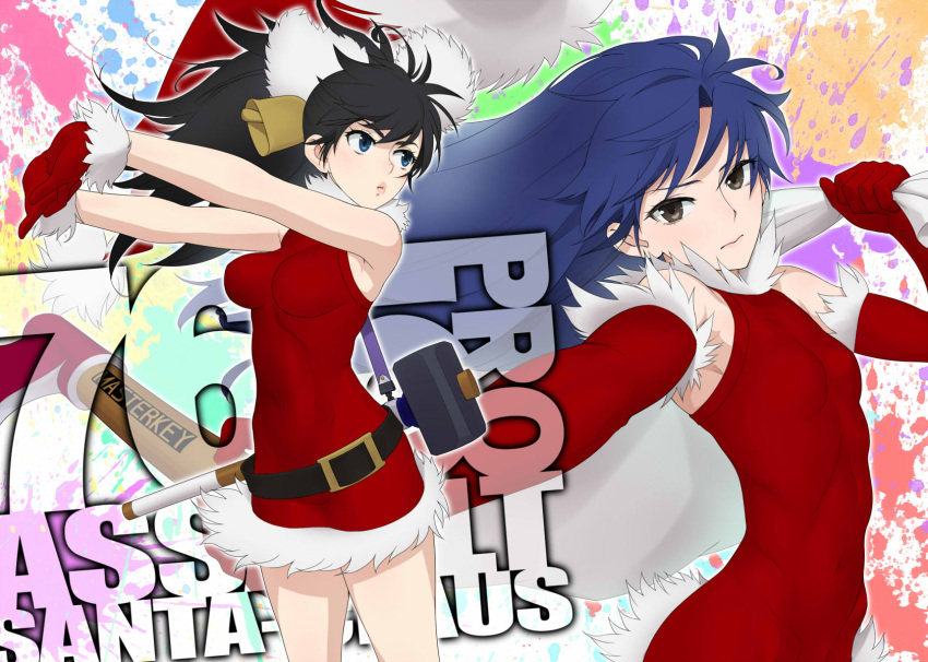 2girls axe background_text bangs bell belt black_belt black_eyes black_hair blue_eyes blue_hair carrying christmas closed_mouth commentary cowbell dress english_text foreshortening fur-trimmed_dress fur-trimmed_gloves fur_trim ganaha_hibiki gloves hair_bell hair_ornament halterneck hammer hat hat_removed headwear_removed highres holding holding_axe holding_sack idolmaster idolmaster_(classic) interlocked_fingers kisaragi_chihaya light_frown long_hair looking_at_viewer looking_to_the_side multicolored_background multiple_girls outstretched_arms over_shoulder own_hands_together paint_splatter ponytail red_dress red_gloves red_headwear sack santa_dress santa_gloves santa_hat short_dress sledgehammer standing wata_do_chinkuru wind