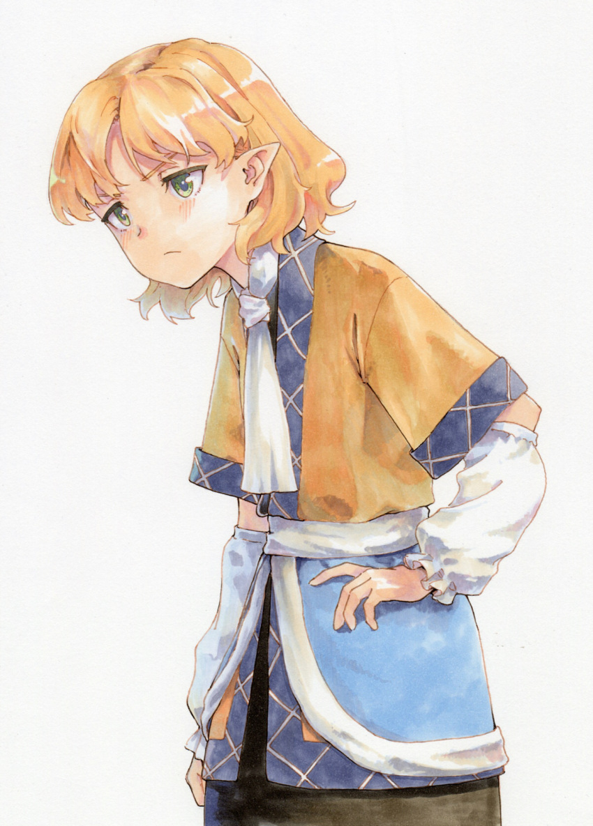 1girl arm_warmers ascot blonde_hair blush frown green_eyes hand_on_hip highres hunched_over marker_(medium) mizuhashi_parsee pointy_ears shiratama_(hockey) short_hair simple_background solo texture touhou traditional_media white_background