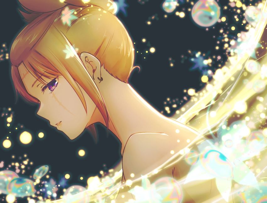 1girl blonde_hair earrings from_side gintama highres jewelry nude paleatus parted_lips profile scar scar_across_eye scar_on_cheek scar_on_face solo tied_hair tsukuyo_(gintama) violet_eyes