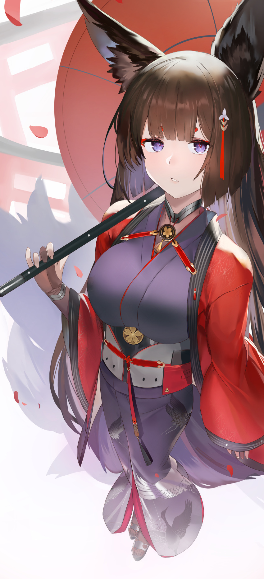 1girl absurdres amagi_(azur_lane) animal_ear_fluff animal_ears animal_print azur_lane breasts brown_hair brown_tail coat derby_(dabidabi) from_above highres holding holding_umbrella japanese_clothes kimono large_breasts long_hair looking_at_viewer metal_belt multiple_tails oil-paper_umbrella open_clothes open_coat petals purple_kimono red_coat red_umbrella solo tail umbrella very_long_hair wide_sleeves