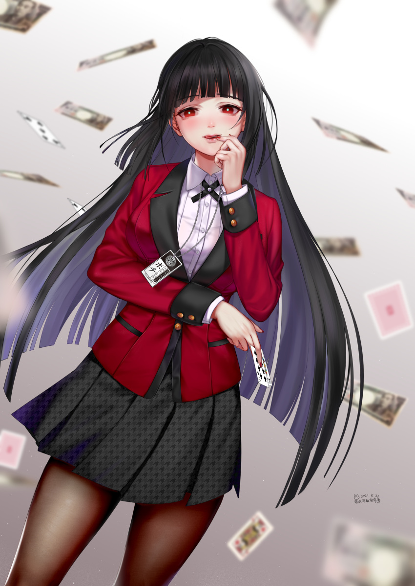 1girl :q aa1819773008 absurdres bangs black_hair black_ribbon black_skirt blunt_bangs blush brown_legwear card collared_shirt dress_shirt eyebrows_visible_through_hair floating_hair gradient gradient_background grey_background highres holding holding_card hyakkaou_academy_uniform jabami_yumeko jacket kakegurui long_hair long_sleeves looking_at_viewer miniskirt nail_polish neck_ribbon pantyhose pleated_skirt print_skirt red_eyes red_jacket red_nails ribbon school_uniform shirt skirt solo standing straight_hair tongue tongue_out very_long_hair white_shirt wing_collar