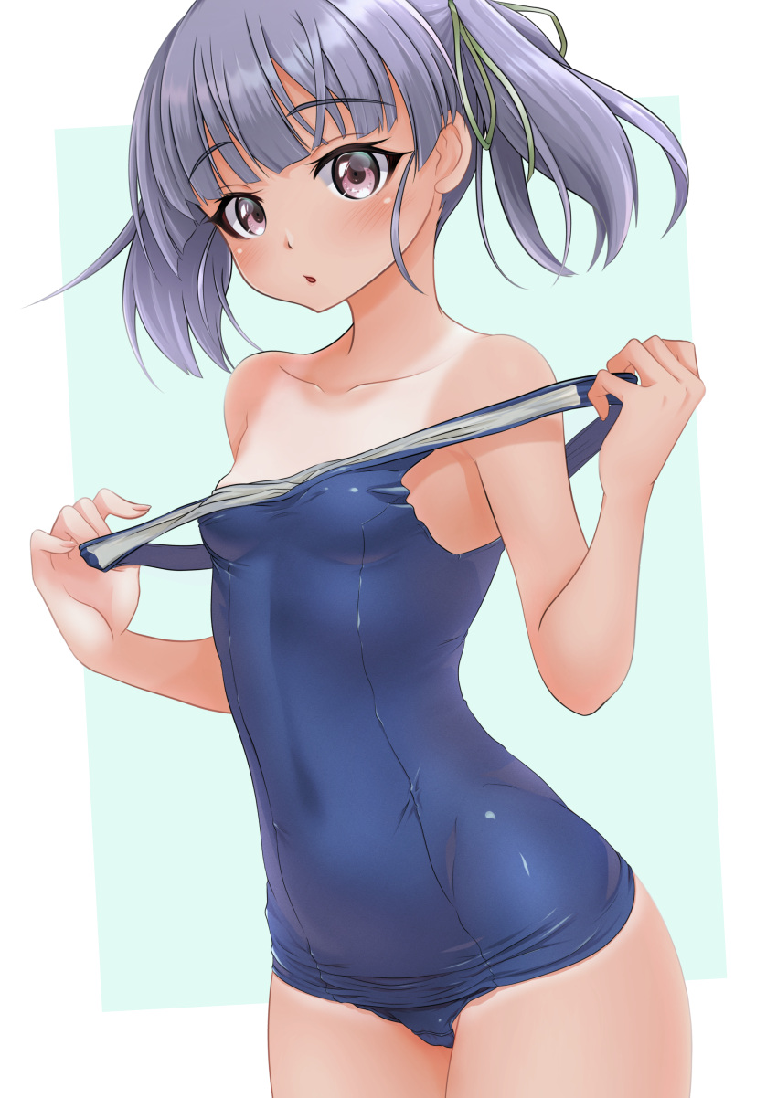 1girl absurdres alternate_costume blue_swimsuit breasts collarbone covered_navel cowboy_shot highres kantai_collection makura_(user_jpmm5733) one-piece_swimsuit one-piece_tan ooshio_(kancolle) purple_hair school_swimsuit short_twintails small_breasts solo swimsuit tan tanlines twintails violet_eyes