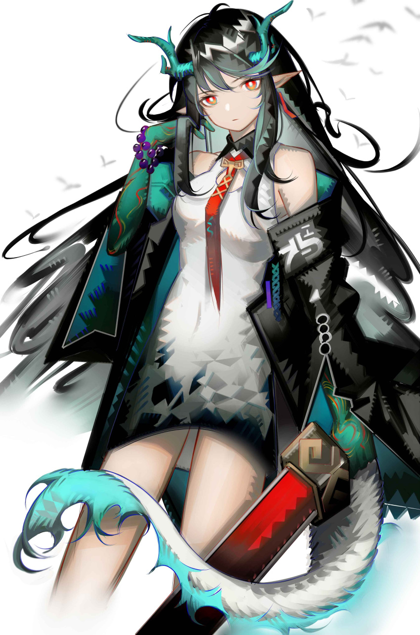 1girl absurdres arknights arm_tattoo bead_bracelet beads bird black_collar black_hair black_jacket bracelet china_dress chinese_clothes chinese_commentary cleavage_cutout clothing_cutout collar colored_skin commentary_request dragon_girl dragon_horns dragon_tail dress dusk_(arknights) from_below green_hair green_skin highres holding holding_sword holding_weapon horns jacket jewelry long_hair looking_at_viewer looking_down multicolored_hair necktie off_shoulder open_clothes open_jacket pointy_ears red_eyes red_neckwear rin_lingsong simple_background sleeveless sleeveless_dress solo streaked_hair sword tail tail-tip_fire tattoo weapon white_background white_dress