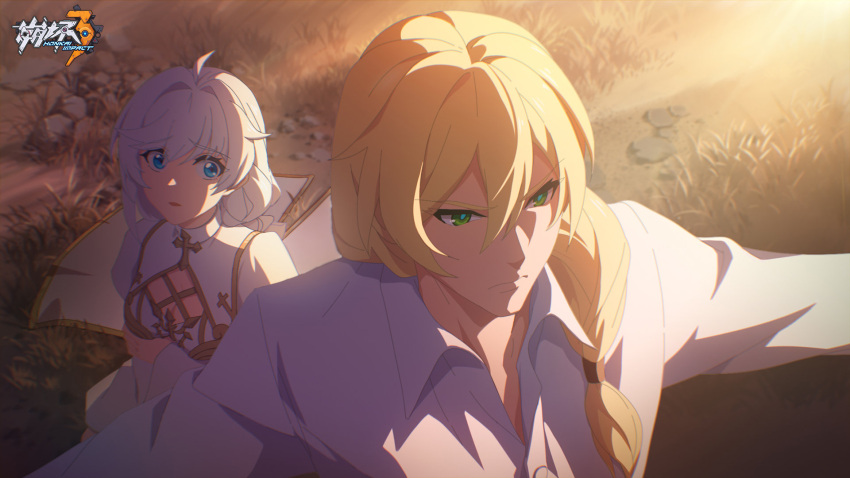 1boy 1girl antenna_hair artist_request bangs blonde_hair blue_eyes braid braided_ponytail closed_mouth grass green_eyes hair_between_eyes highres honkai_(series) honkai_impact_3rd kallen_kaslana nun official_art open_mouth otto_apocalypse outdoors outstretched_arms protecting shirt side_ponytail white_hair white_shirt