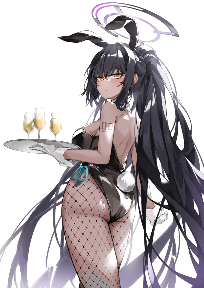 1girl :&lt; animal_ears arm_tattoo ass bangs bare_shoulders black_hair blue_archive blush breasts champagne_flute closed_mouth commentary_request cup dark-skinned_female dark_skin dema_hmw drinking_glass eyebrows_visible_through_hair fake_animal_ears fake_tail feet_out_of_frame fishnet_legwear fishnets gloves halo highres holding holding_tray karin_(blue_archive) large_breasts long_hair looking_at_viewer number_tattoo playboy_bunny ponytail rabbit_ears rabbit_tail sideboob simple_background solo standing tail tattoo tray very_long_hair white_background white_gloves wrist_cuffs yellow_eyes