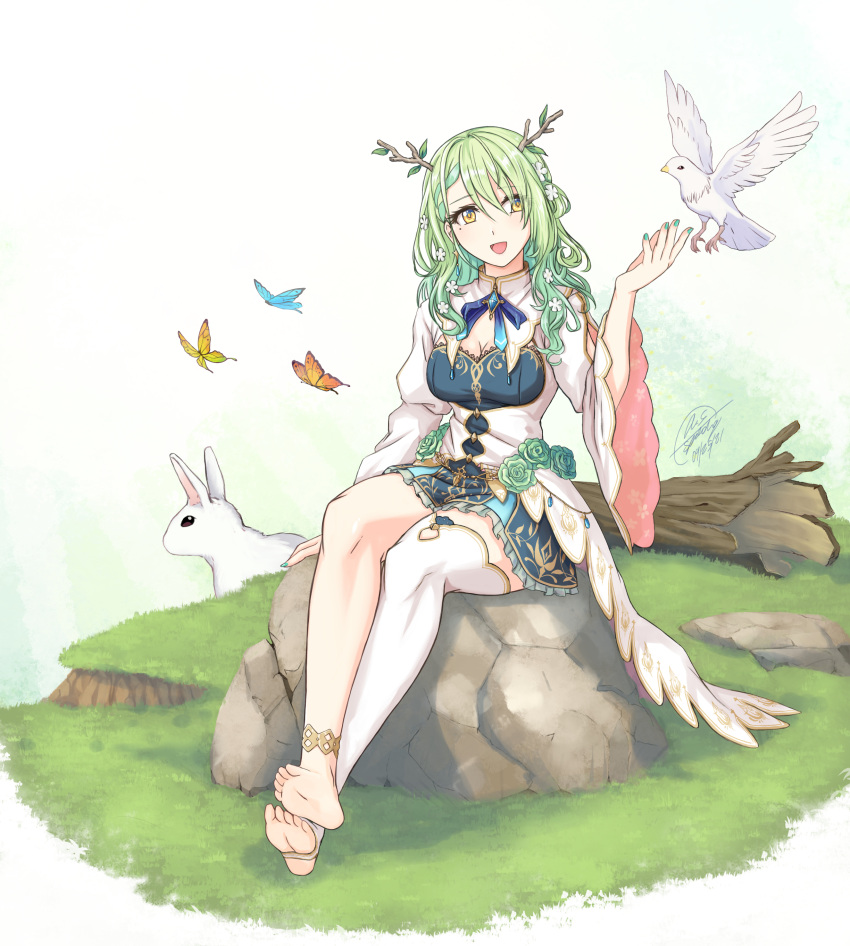 absurdres barefoot bird ceres_fauna crossed_ankles crossed_legs dove dress feet flower forest green_flower green_hair highres hololive hololive_english legs mole mole_under_eye nature rose sitting soles virtual_youtuber white_dress