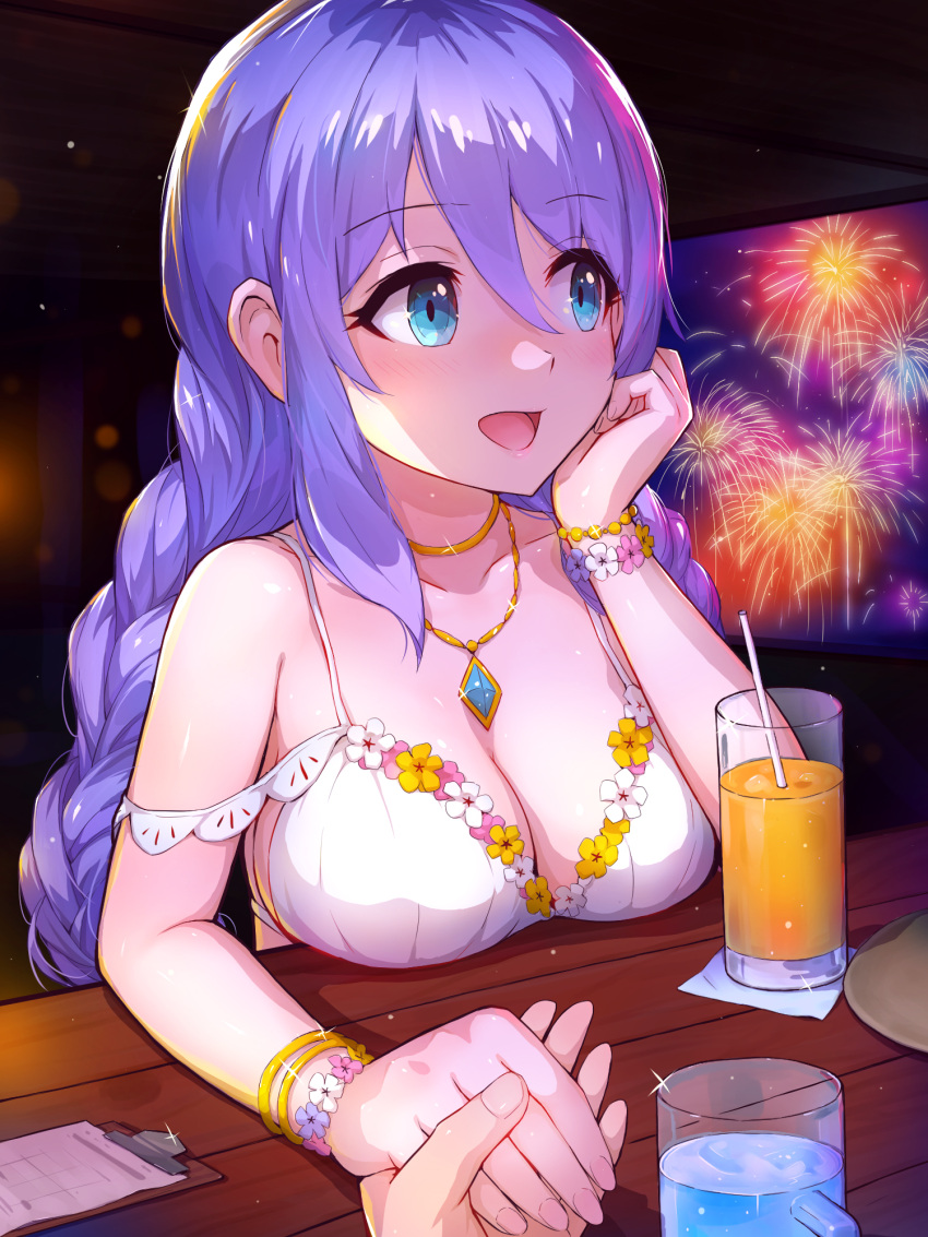 1girl bikini blue_eyes blush bracelet braid braided_ponytail breasts clipboard collarbone commentary_request cup drinking_glass drinking_straw eyebrows_visible_through_hair fireworks flower glint hair_between_eyes highres holding_hands jewelry large_breasts long_hair looking_to_the_side open_mouth out_of_frame pendant princess_connect! purple_hair shizuru_(princess_connect!) solo_focus swimsuit table white_bikini yako_noir