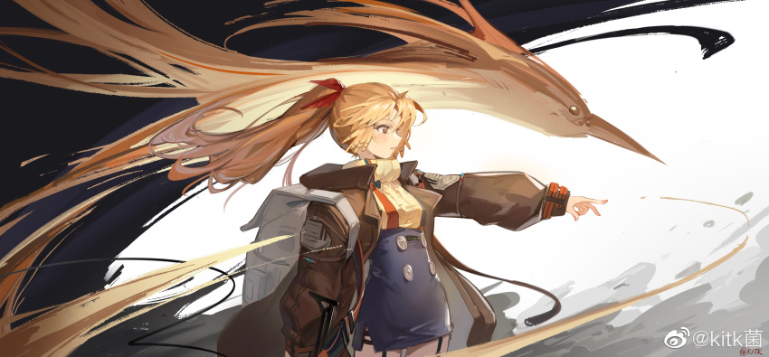 1girl absurdres arknights backpack bag bird brown_eyes brown_jacket buttons dress feather_hair fingernails garter_straps highres jacket kitk_(jun) long_hair open_clothes open_jacket orange_hair orange_pupils parted_lips pinafore_dress pinecone_(arknights) solo strap sweater turtleneck turtleneck_sweater weibo_username woodpecker