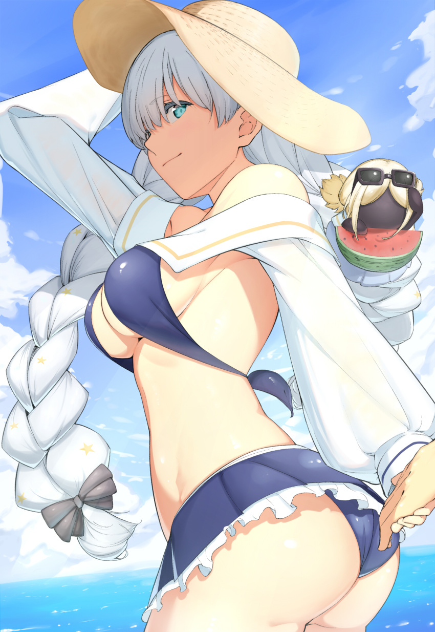 1girl anastasia_(fate) anastasia_(swimsuit_archer)_(fate) arata_(noneetyesnito) ass bangs bare_shoulders beach blue_dress blue_eyes blue_sky blush breasts doll dress fate/grand_order fate_(series) hair_over_one_eye hat highres large_breasts long_hair looking_at_viewer ocean see-through_skirt silver_hair skirt sky straw_hat sunglasses thighs very_long_hair viy_(fate) watermelon_slice