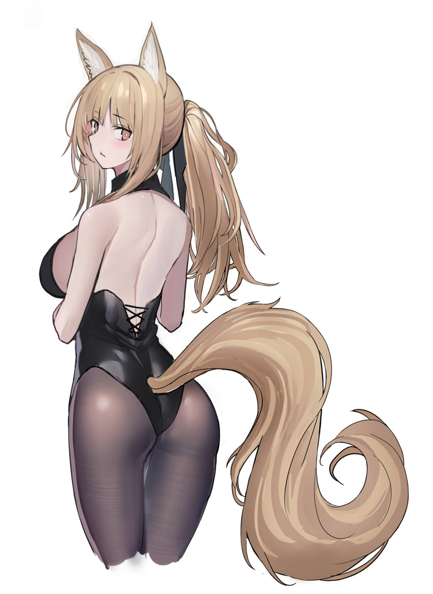 1girl animal_ear_fluff animal_ears arknights ass back backless_leotard bare_shoulders black_leotard blemishine_(arknights) blonde_hair breasts brown_legwear cropped_legs echj from_behind frown highleg highleg_leotard highres horse_ears horse_girl horse_tail large_breasts leotard long_hair looking_at_viewer looking_back orange_eyes pantyhose playboy_bunny_leotard ponytail revision sidelocks simple_background solo tail white_background