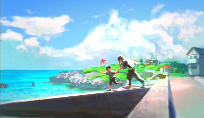 2boys beach black_hair black_jacket black_pants blue_sky commentary_request day elio_(pokemon) guzma_(pokemon) highres holding_hands hood hooded_jacket jacket jewelry male_focus meipu_hm multiple_boys ocean outdoors pants pokemon pokemon_(creature) pokemon_(game) pokemon_sm rotom rotom_dex scenery shirt short_hair short_sleeves sky striped striped_shirt t-shirt team_skull watch white_hair white_shirt