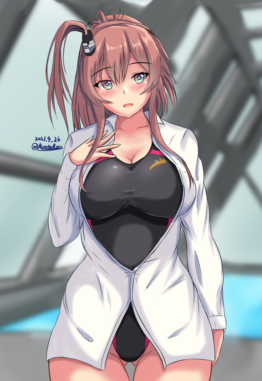 1girl alternate_costume black_swimsuit blurry blurry_background breasts brown_hair collarbone collared_shirt competition_swimsuit grey_eyes hair_between_eyes highres kantai_collection large_breasts long_sleeves montemasa one-piece_swimsuit ponytail saratoga_(kancolle) shirt side_ponytail sidelocks smokestack_hair_ornament solo swimsuit swimsuit_under_clothes white_shirt