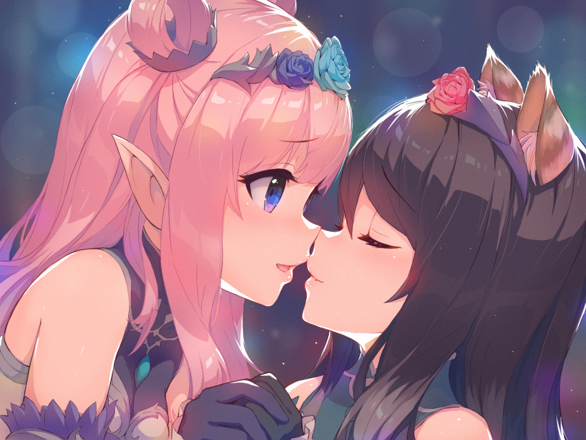 2girls animal_ears bangs black_hair blue_eyes blue_flower blue_rose closed_eyes commentary_request detached_sleeves dress flower hairband hand_grab hatsune_(princess_connect!) highres imminent_kiss lens_flare long_hair looking_at_another multiple_girls noses_touching open_mouth pink_hair princess_connect! raised_eyebrows rose shiori_(princess_connect!) sidelocks sleeveless sleeveless_dress upper_body yako_noir yuri