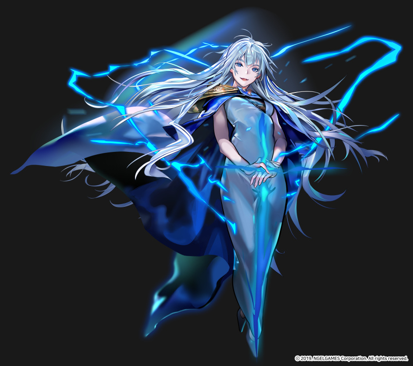 1girl absurdres armor bangs blue_cape blue_dress cape dress electricity energy_sword hands_together high_heels highres holding holding_sword holding_weapon koon_maschenny_zahard leenim long_dress long_hair looking_at_viewer magic official_art open_mouth own_hands_together pauldrons shoulder_armor silver_hair simple_background smile solo sword tower_of_god weapon