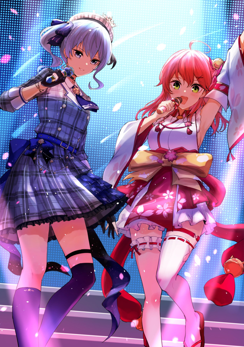 2girls ahoge arm_up armpits bangs beret black_choker black_gloves blue_eyes blue_hair blue_nails breasts choker commentary_request detached_sleeves dress fingerless_gloves gloves green_eyes hat highres holding holding_microphone hololive hoshimachi_suisei large_breasts looking_at_viewer microphone multiple_girls obi plaid plaid_dress plaid_headwear redhead sakura_miko sash side_ponytail star_(symbol) star_in_eye symbol_in_eye thigh-highs thigh_strap virtual_youtuber wing_collar yellow_sash yuu201023