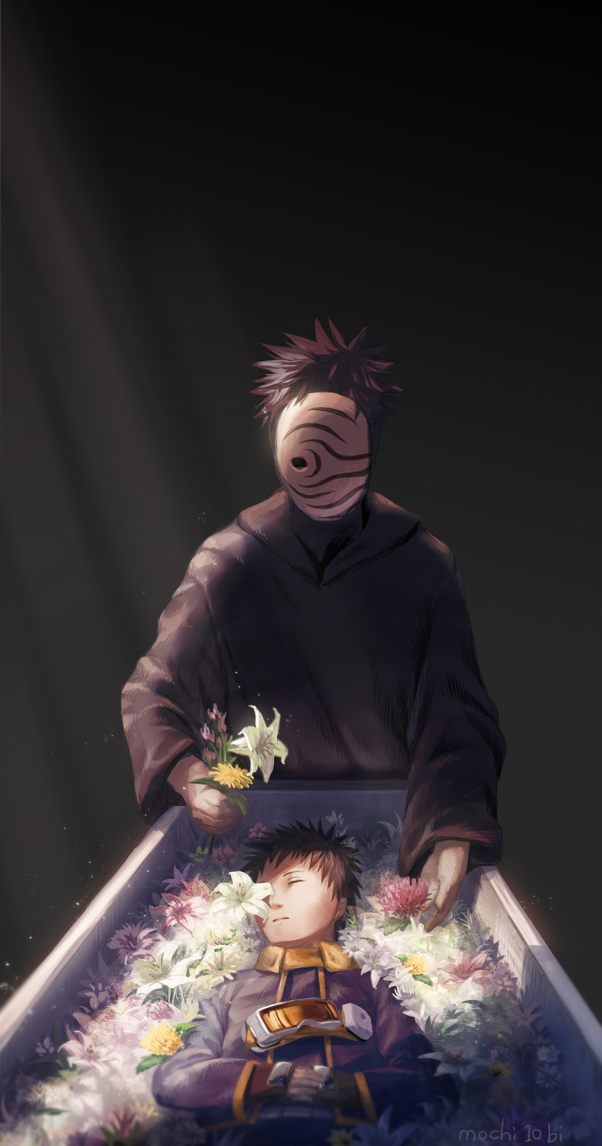 adult child coffin corpse death dual_persona flower funeral male male_focus male_only naruto naruto_(series) naruto_shippuuden spiky_hair trench_coat uchiha_obito