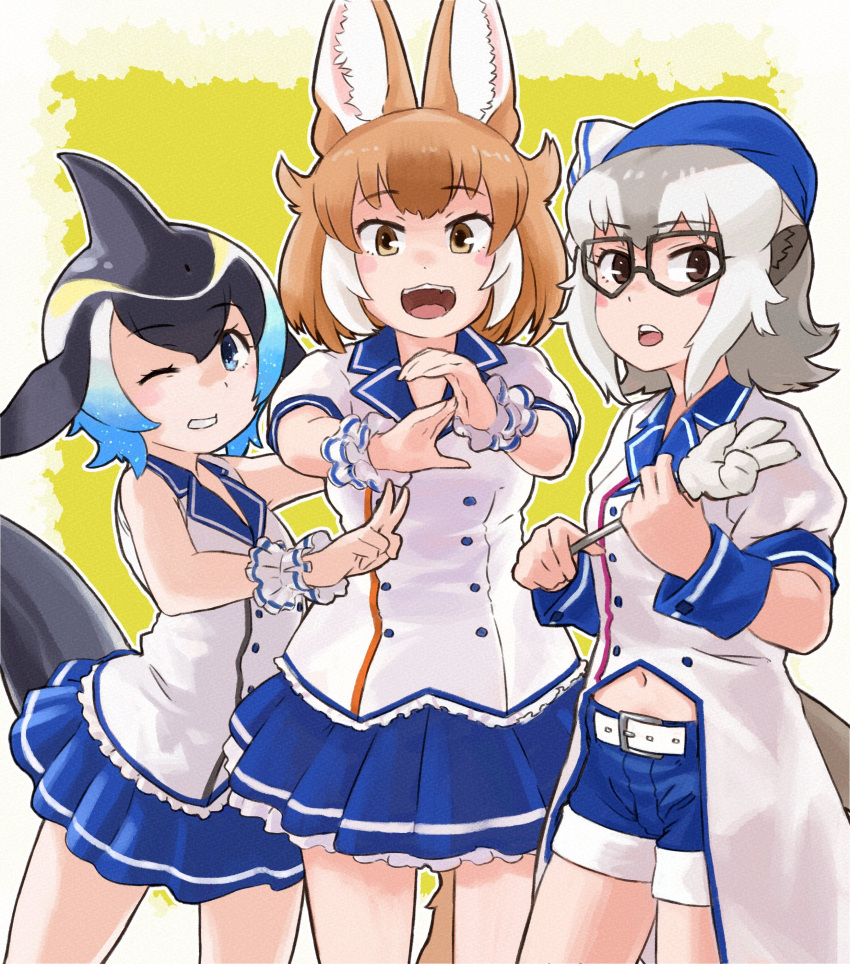 3girls absurdres alternate_costume animal_ears bare_legs black_hair blonde_hair blowhole blue_hair blue_shorts blue_skirt blush brown_eyes coat coattails common_dolphin_(kemono_friends) cowboy_shot dhole_(kemono_friends) dog_ears dog_girl dog_tail dolphin_girl dolphin_tail dorsal_fin frilled_skirt frills glasses grey_hair highres kemono_friends light_brown_hair looking_at_viewer matching_outfit meerkat_(kemono_friends) meerkat_ears meerkat_tail midriff_peek multicolored_hair multiple_girls navel open_mouth pleated_skirt pointer puffy_short_sleeves puffy_sleeves shirt short_hair short_shorts short_sleeves shorts skirt sleeve_cuffs sleeveless smile tail toriny two-tone_hair white_coat white_hair white_shirt white_trim
