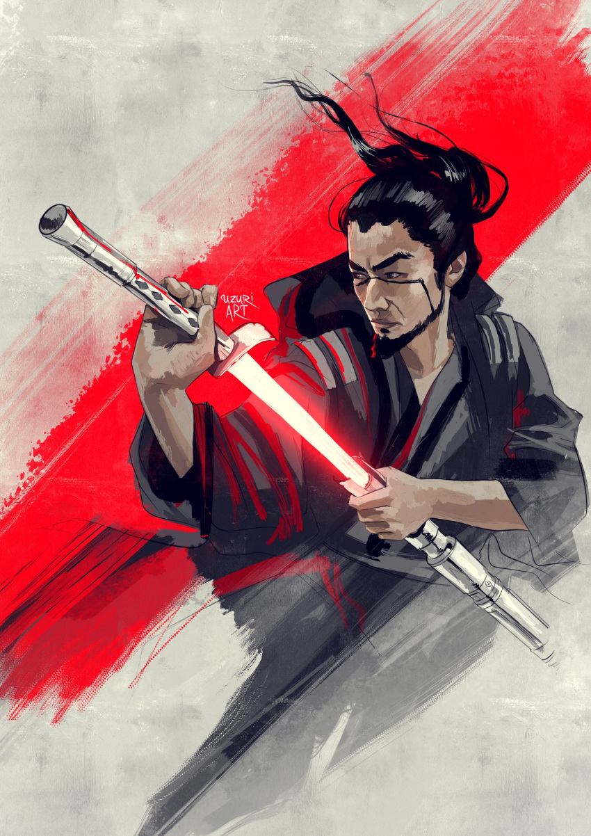 1boy asian beard black_eyes black_robe energy_sword english_commentary facial_hair floating_hair highres holding holding_sword holding_weapon lightsaber long_hair looking_to_the_side male_focus robe ronin_(star_wars) sheath solo star_wars star_wars:_visions sword thick_eyebrows unsheathing uzuri_art v-shaped_eyebrows weapon