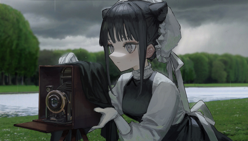 1girl bangs black_hair brown_eyes camera double_bun dress es-ther gloves grass grey_eyes highres holding holding_camera long_sleeves maid maid_headdress original overcast puffy_long_sleeves puffy_sleeves rain river short_hair_with_long_locks solo tree white_gloves