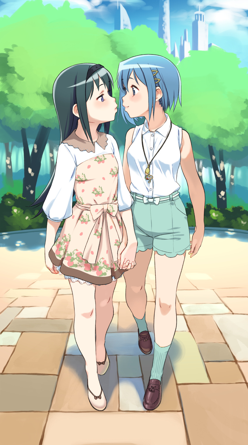 2girls absurdres akemi_homura bare_shoulders black_hair blue_eyes blue_hair blue_shorts blush breasts closed_mouth dress eyebrows_visible_through_hair gloamy hair_ornament hairband hairclip highres holding_hands imminent_kiss jewelry long_hair looking_at_another mahou_shoujo_madoka_magica miki_sayaka multiple_girls necklace outdoors shiny shiny_hair short_hair shorts small_breasts smile violet_eyes yuri