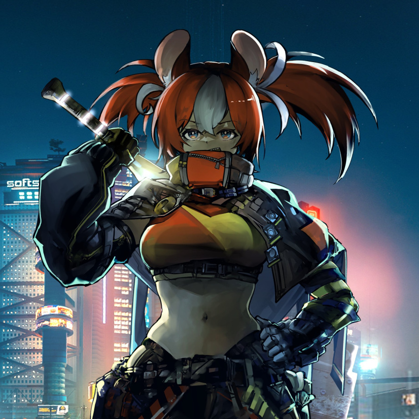 1girl alternate_costume cyberpunk hakos_baelz highres hololive hololive_english mouse_girl multicolored_hair navel night night_sky redhead sky solo virtual_youtuber vyragami