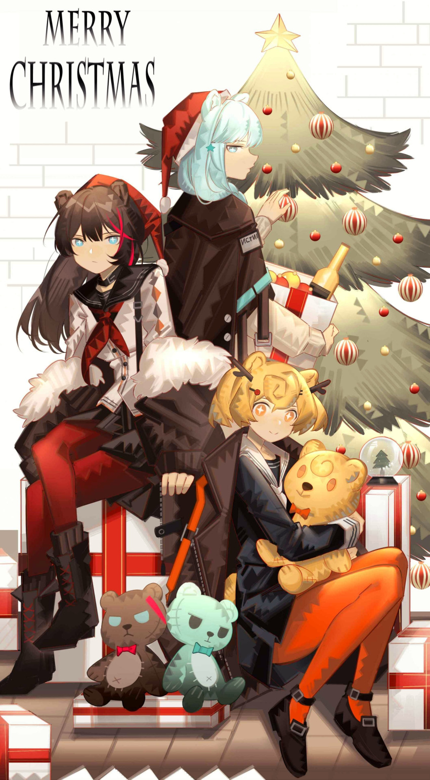 +_+ 3girls absurdres animal_ears arknights bauble bear_ears black_footwear black_sailor_collar black_shirt black_skirt blonde_hair blue_eyes blue_hair boots bottle box brown_hair brown_jacket candy_hair_ornament character_doll christmas_tree crossed_legs fake_antlers food-themed_hair_ornament fur-trimmed_jacket fur_trim gift gummy_(arknights) hair_ornament hat highres holding holding_box holding_stuffed_toy istina_(arknights) jacket long_hair looking_at_viewer merry_christmas multicolored_hair multiple_girls neckerchief off_shoulder open_clothes open_jacket orange_eyes orange_legwear red_headwear red_legwear red_neckwear redhead rin_lingsong sailor_collar santa_hat school_uniform serafuku shirt shoes short_hair sideways_glance sitting skirt snow_globe star_(symbol) star_hair_ornament streaked_hair stuffed_animal stuffed_toy teddy_bear white_shirt yellow_eyes zima_(arknights)