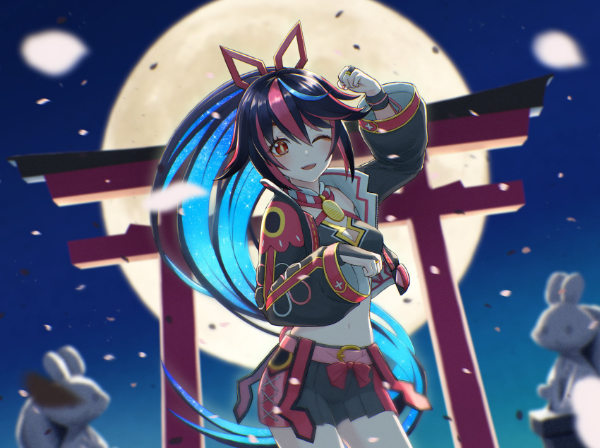1girl bangs breasts bridal_gauntlets commentary_request cropped_jacket full_moon hair_ribbon hanjo_tv harunovt highres jacket kimino_miya long_hair looking_at_viewer midriff moon navel night night_sky one_eye_closed open_clothes open_jacket open_mouth ponytail red_eyes ribbon skirt sky solo torii virtual_youtuber