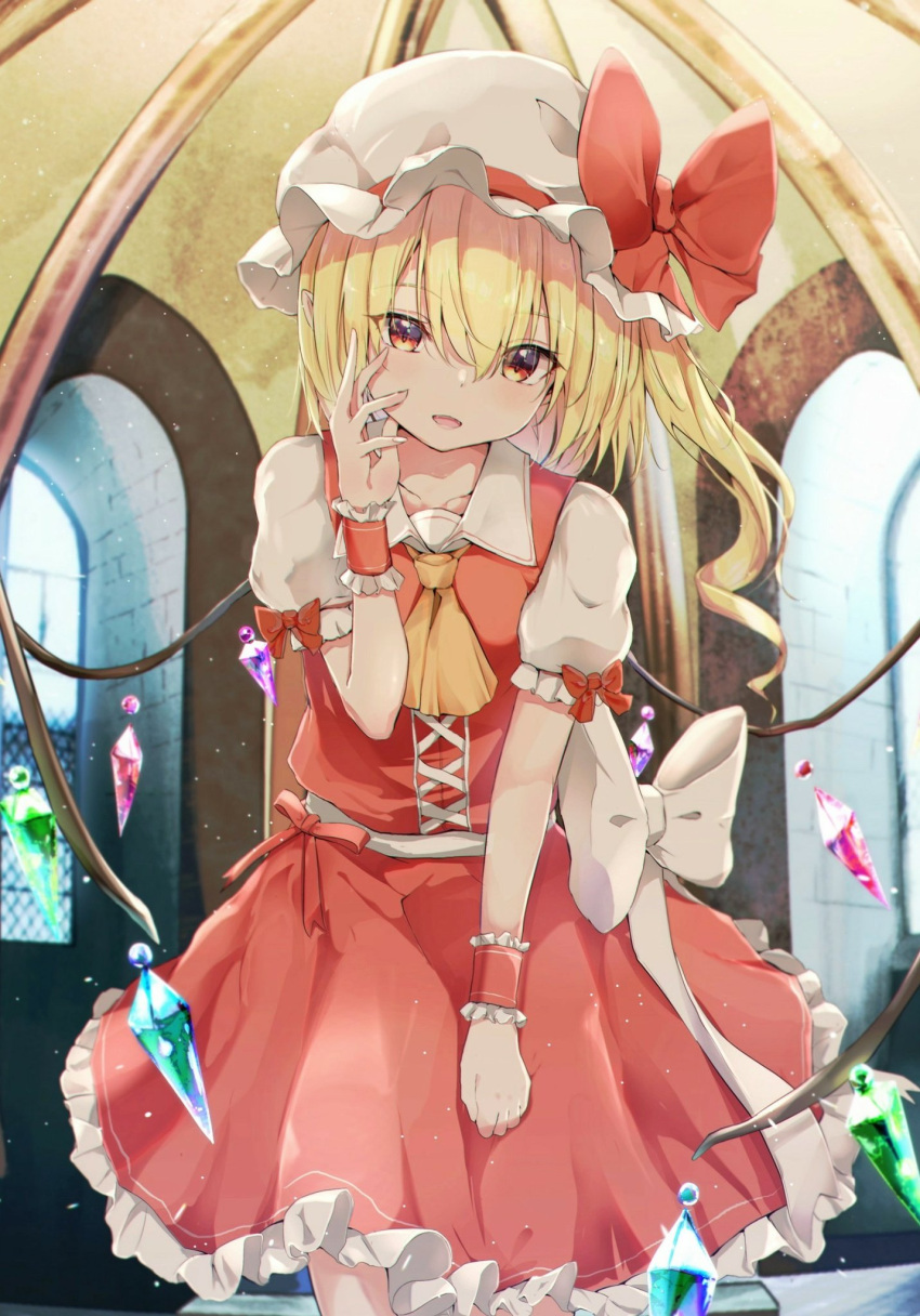 1girl ascot bangs blonde_hair blurry blurry_background blush bow collarbone commentary_request corset crystal drill_hair eyebrows_visible_through_hair feet_out_of_frame flandre_scarlet hair_between_eyes hand_on_own_cheek hand_on_own_face hand_up hat hat_bow head_tilt highres indoors iyo_(ya_na_kanji) light_particles looking_at_viewer mob_cap one_side_up parted_lips petticoat puffy_short_sleeves puffy_sleeves red_bow red_eyes red_skirt red_vest short_hair short_sleeves skirt smile solo standing touhou vest white_bow white_headwear window wing_collar wings wrist_cuffs yellow_neckwear